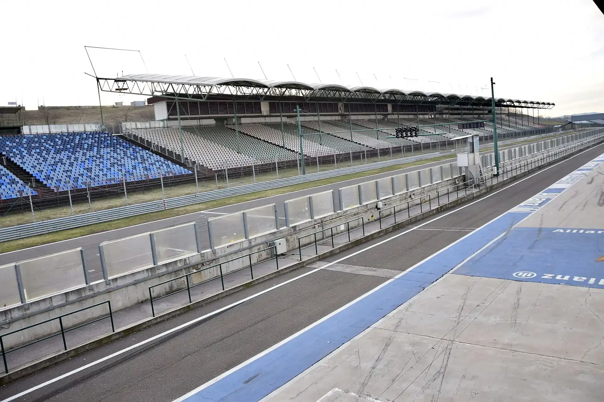 The Hungaroring pit lane, pit buildings and grandstands in Hungary.